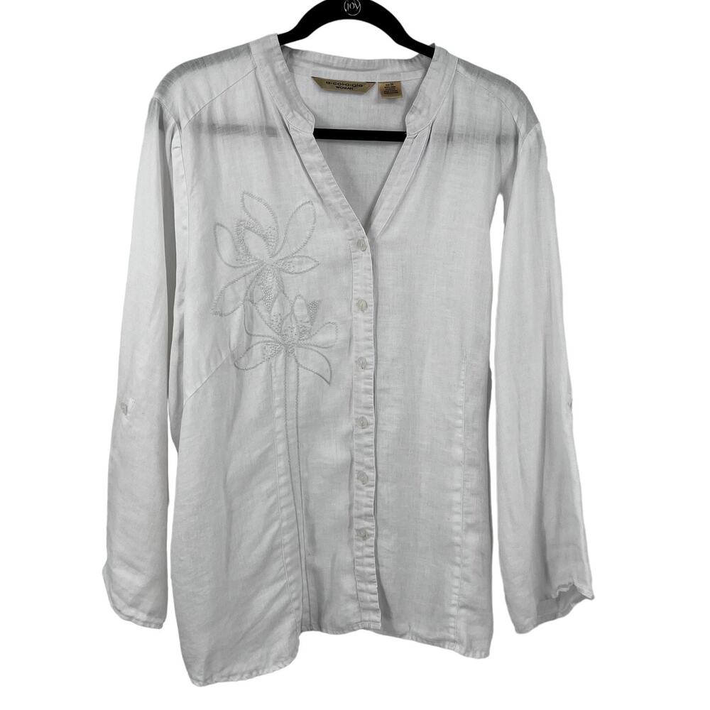 Ecologie‎ Woman White Sheer Long Sleeve Blouse Button 100% Linen Women's 2XL